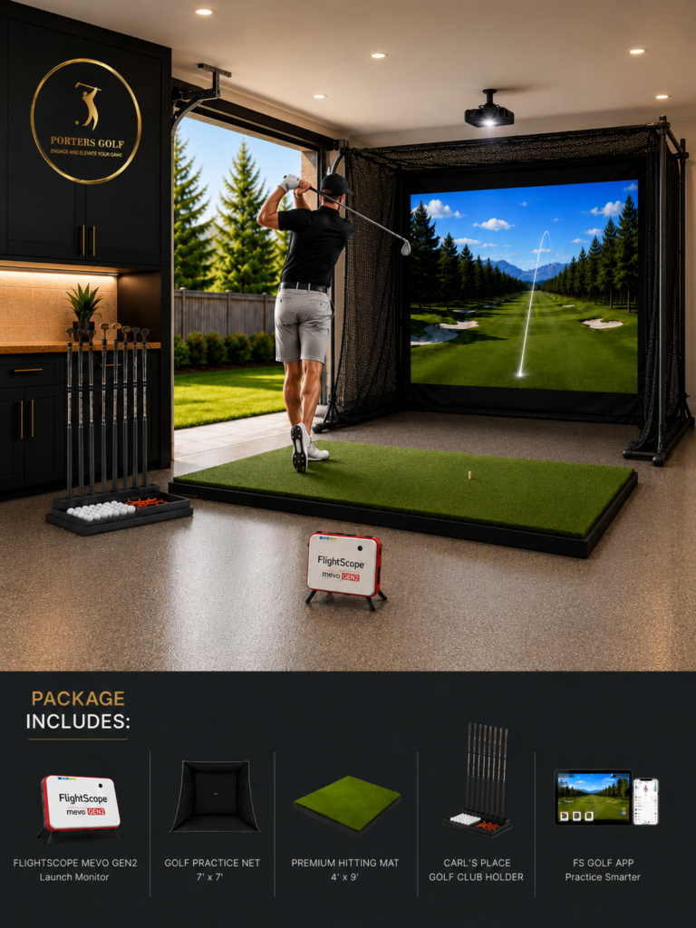 FlightScope Mevo Gen2 net practice package with golfer, hitting mat, practice net, launch monitor, projector screen, and Carl’s Place golf club holder.
