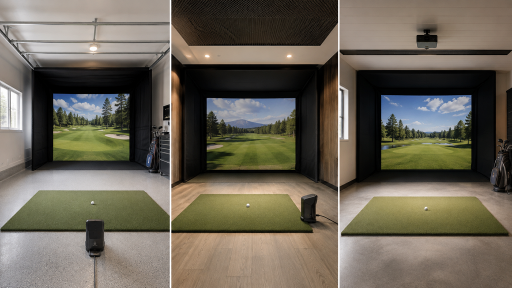 Golf simulator room dimensions for radar, floor-mounted camera, and overhead launch monitors