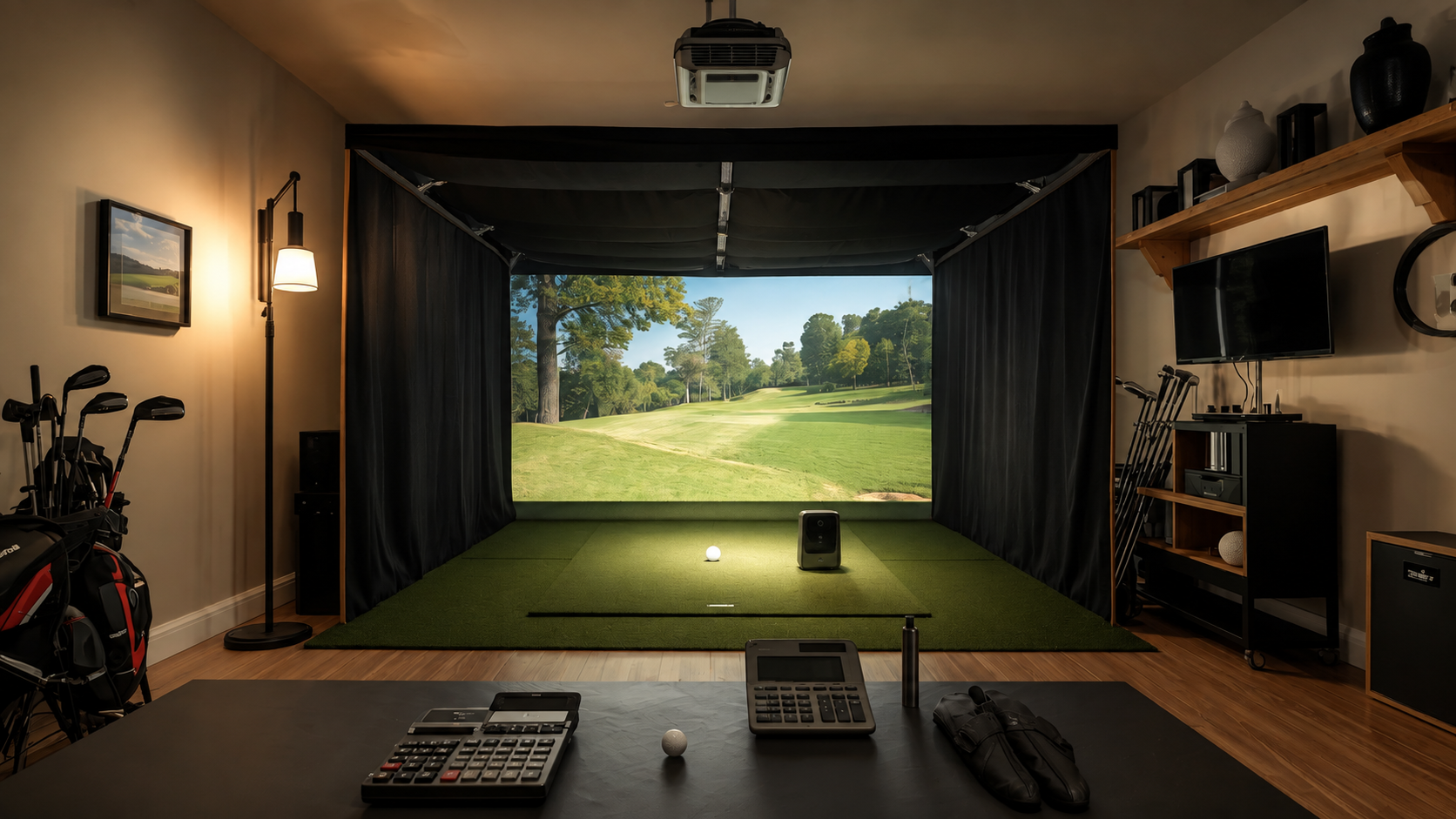 home golf simulator budget planner with launch monitor, projector, enclosure, hitting mat, and computer